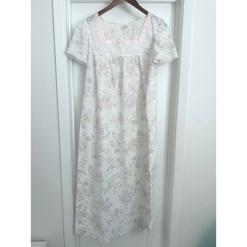 Vintage Floral Lace Cotton Blend Cottagecore Nightgown Dress Size Medium